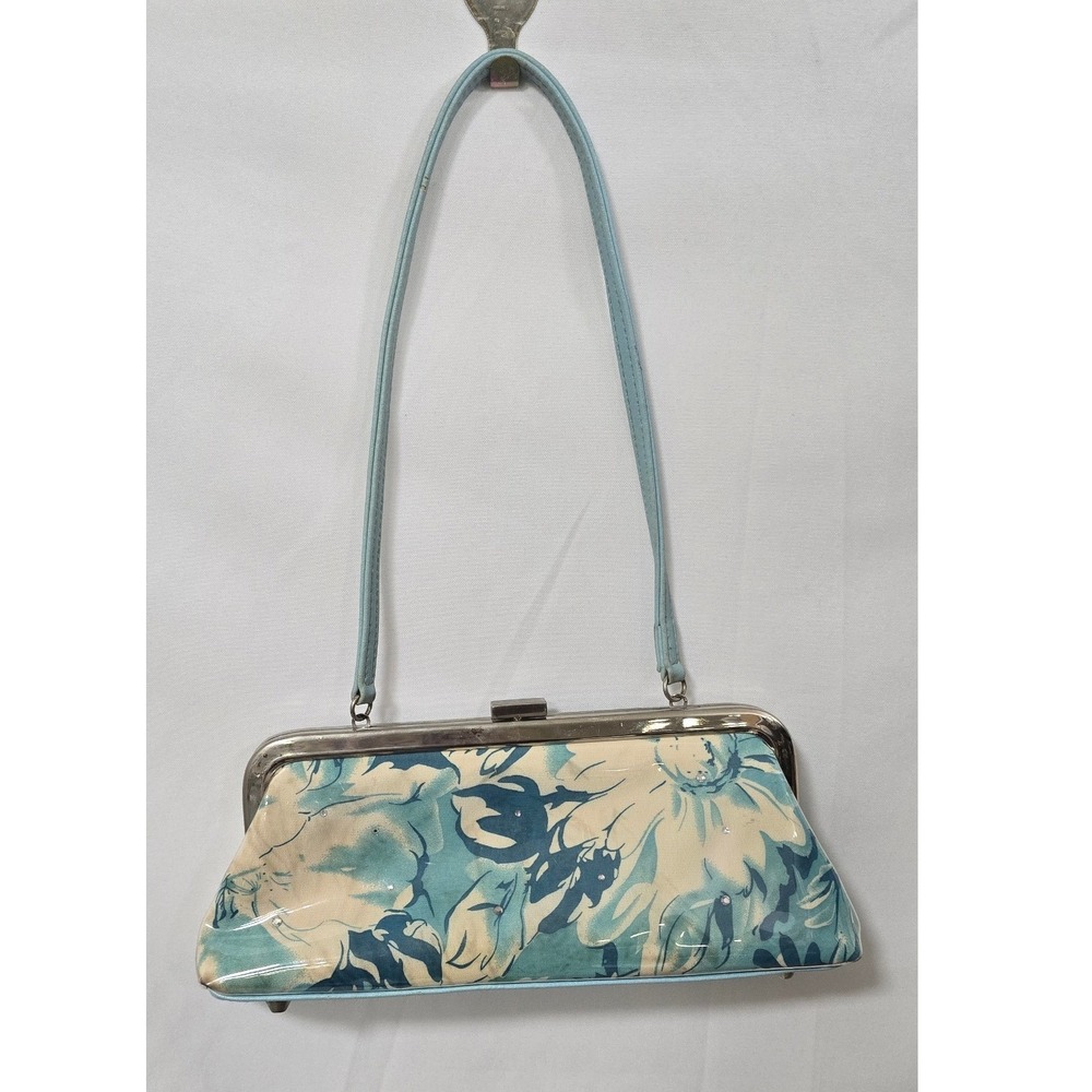 Vtg Y2K floral framed clutch women blue retro handbag vinyl over fabric Kitschy
